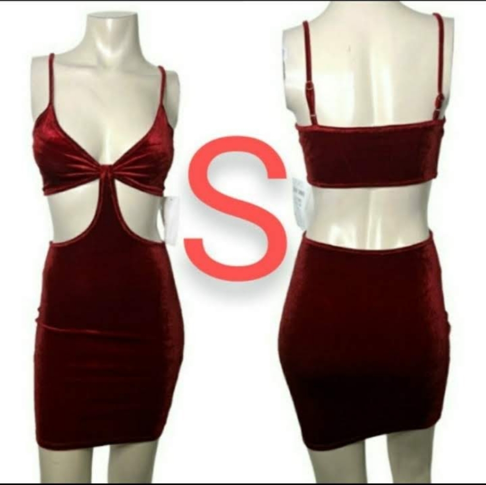 🆕Burgundy Wine Velvet Cut Out Sexy Mini Club Dress~SIZE S